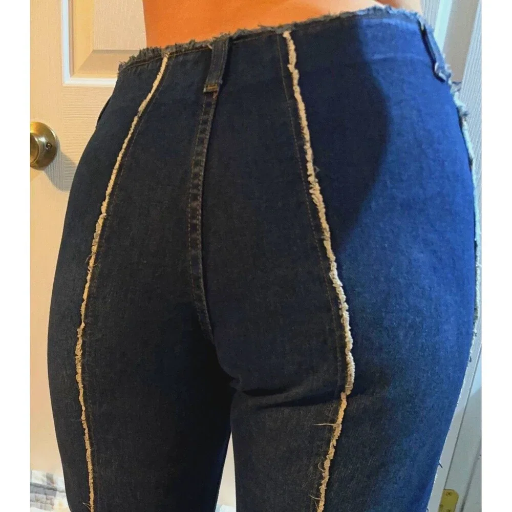 VTG Y2K Carolina Blues Frayed Wide Leg Jeans- High Waist Raw Seams Deconstructed
